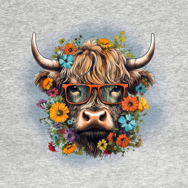 Highland Cow with Flowers by Designs by Ira